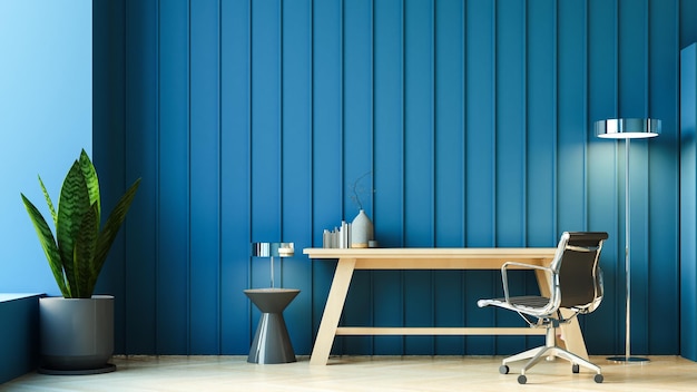 Foto luxury blue wall home office, stanza di lavoro - rendering 3d