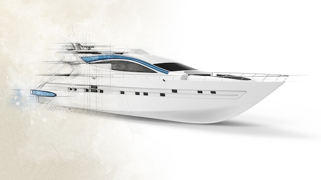 Photo luxury boat and sketch in 3d rendering