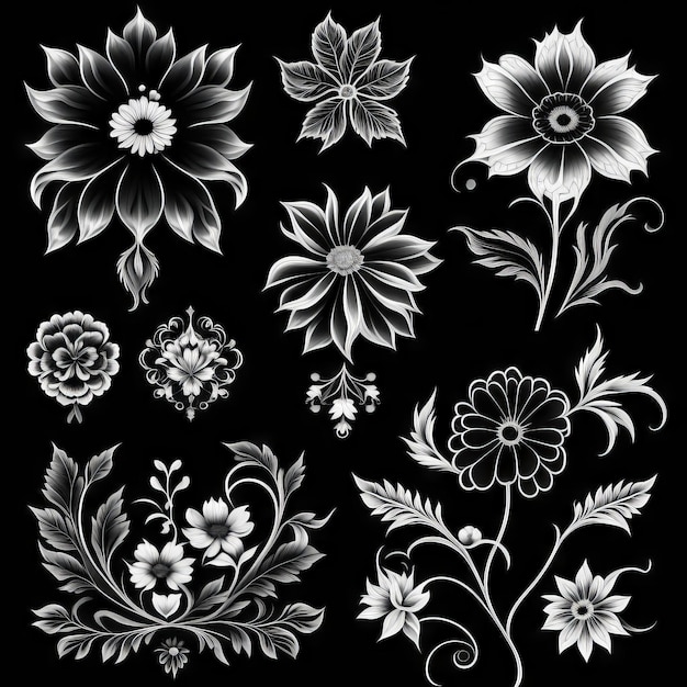 Фото Роскошный ботанический фон с модными черно-белыми минималистскими цветами на белом фоне