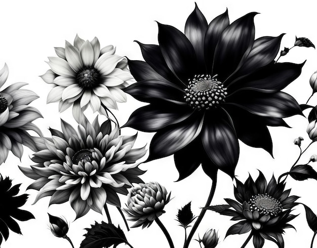 Luxury botanical background with trendy black and white minimalist flowers on a white background