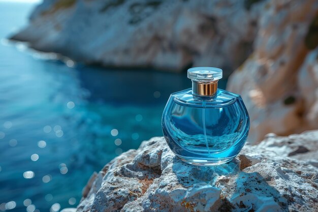 Photo a luxury bottle of perfume is sitting on a rock by the water