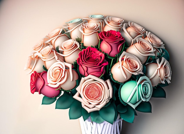 Photo luxury bouquet made of roses in flower bouquet of pastel roses and gifts with copy space