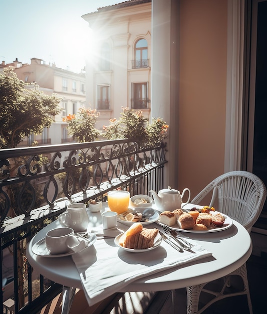 Luxury breakfast on balcony with a beautiful city landscape in the background Generative Ai