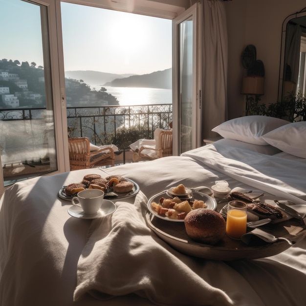 Luxury breakfast in bed with a breathtaking sea view from a sunny hotel room