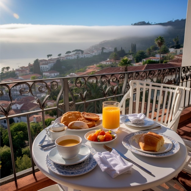 バルコニーの豪華な朝食テーブル 美しい景色