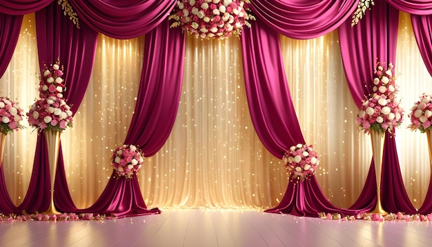 luxury burgundy and gold theme stage decoration with curtains and roses with glitter