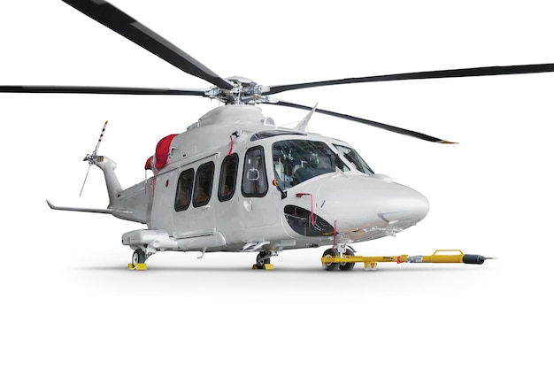 Luxury business helicopter with towbar isolated on white background