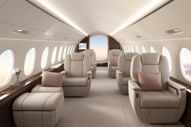 Luxury business jet plane airplane private jet empty interior during flight fast bright luxurious