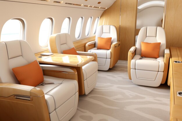 Luxury business jet plane airplane private jet empty interior during flight fast bright luxurious