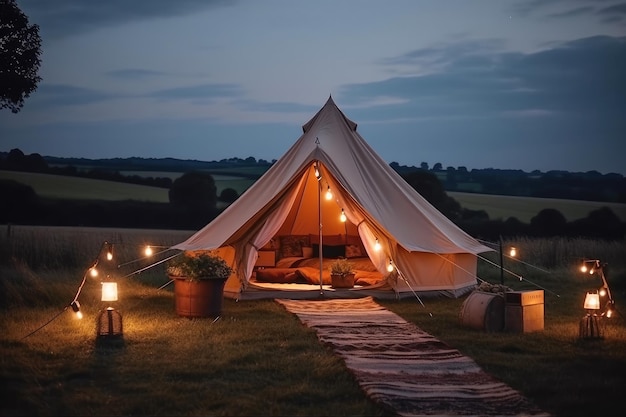 Campeggio di lusso glamping in campagna al tramonto