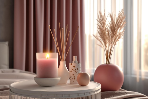 Luxury candle creates relaxing ambiance in bedroom on Valentines Day