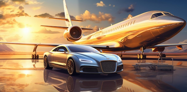 Luxury car and charter liner plane in the golden sunset light