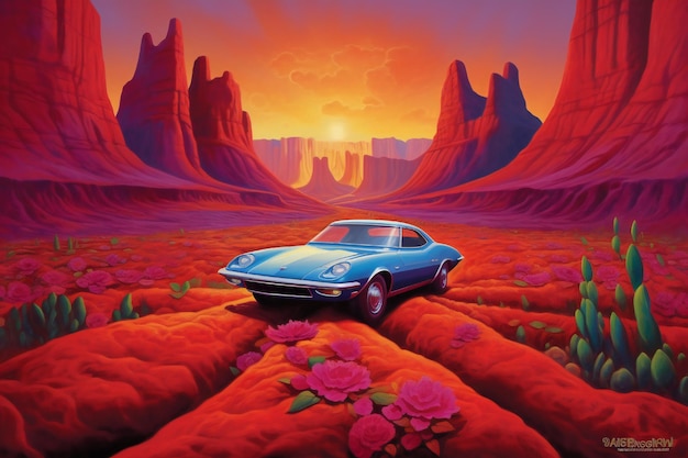 Photo luxury car is being driven down a path with glowing red mountains in the background