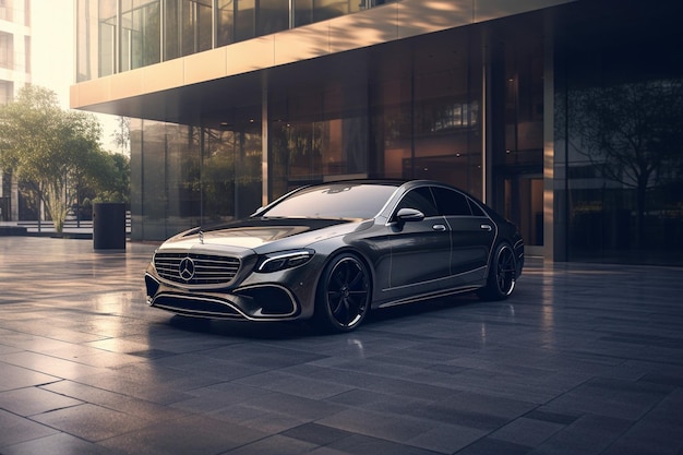 Luxury car parked outside elegant modern building