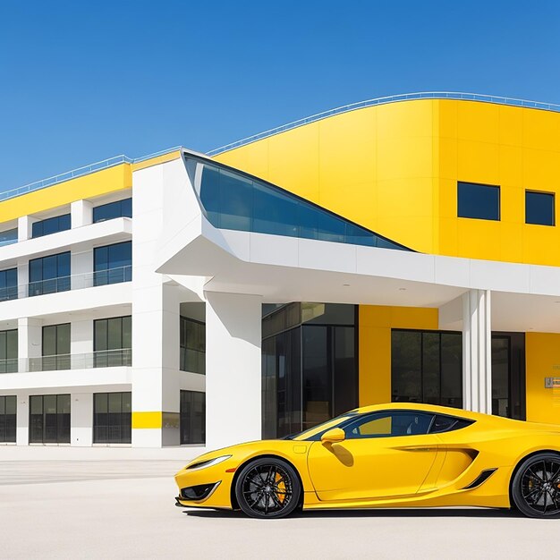 Luxury car parked outside yellow modern building generated by ai