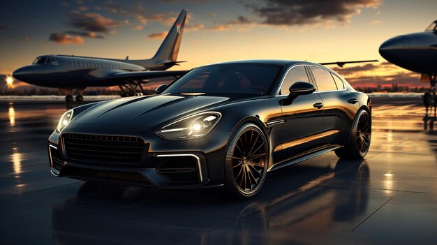 Luxury car and private jet on the runway