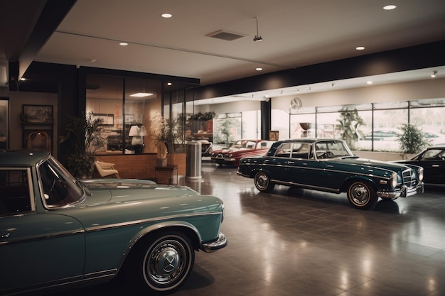 Luxury car showroom with vintage vehicles on display for clients created with generative ai