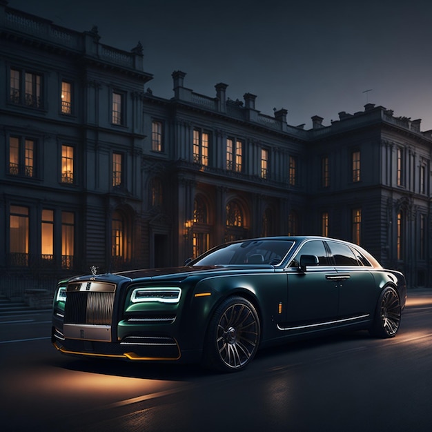 luxury car speeds by modern building at dusk generative rolls royce