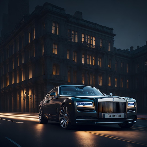 luxury car speeds by modern building at dusk generative rolls royce
