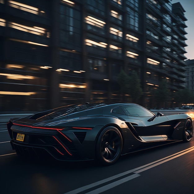 luxury car speeds by modern building at dusk generative