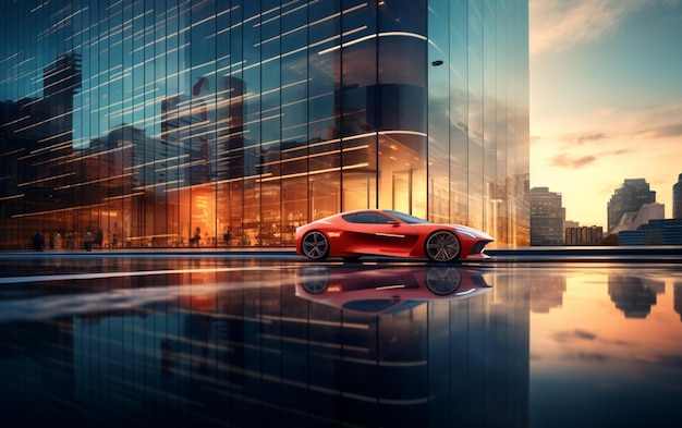 Photo luxury car speeds by modern building at dusk