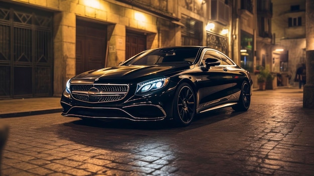 Luxury car in street at night