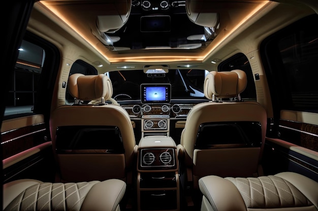 Luxury car with plush leather seats touch screen entertainment system and mood lighting