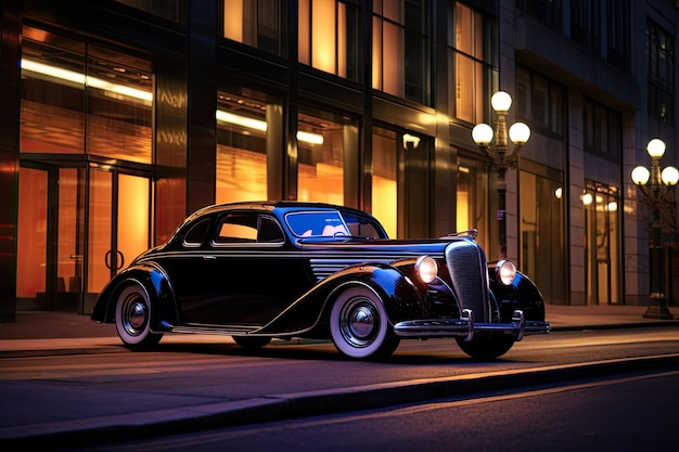 Luxury cars drive past modern buildings at dusk