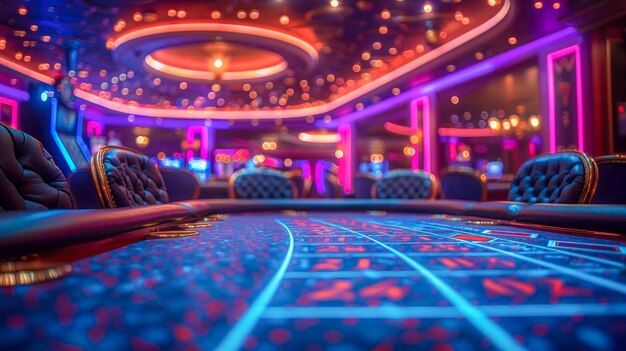 Luxury casino interior with roulette table chairs and lights