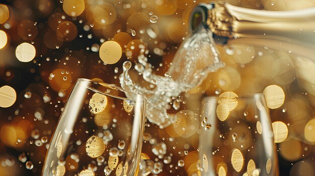 Photo luxury celebration exploding champagne bottle glass splashing bubbles festive birthday new year