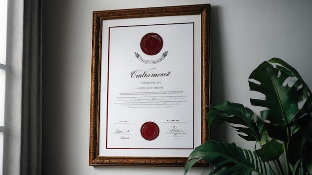 Luxury certificate of achievement with golden frame on the wall