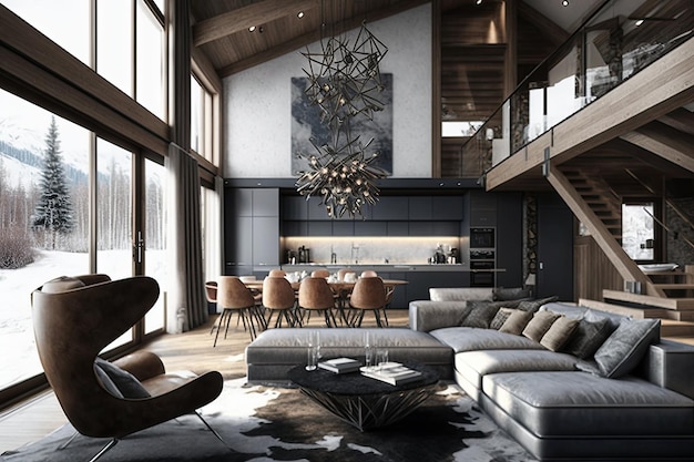 Luxury chalet with a modern twist featuring sleek furniture and muted colors created with generative