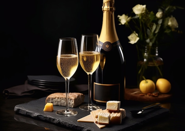 Luxury champagne glasses and bottle with cheese on black stone boardAI Generative