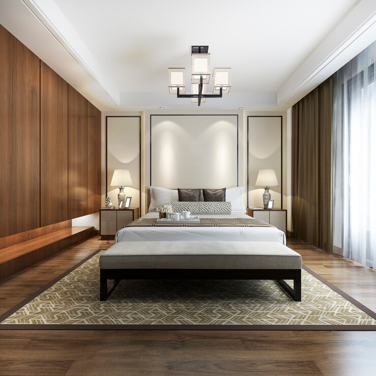 Photo luxury chinese modern bedroom suite in hotel with wardrobe