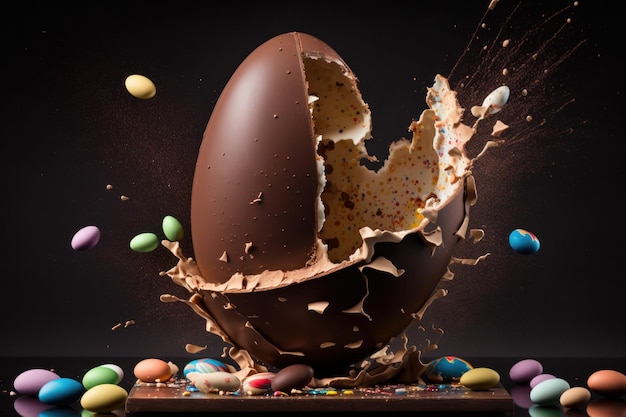 Luxury chocolate easter eggs making a splash in chocolate Generative ai