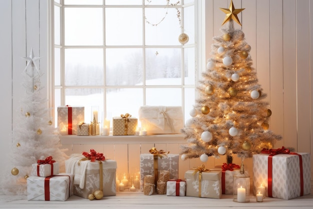 豪華なクリスマスの背景にギフト ボックスの飾り飾り、白い金色の温かみのあるトーン