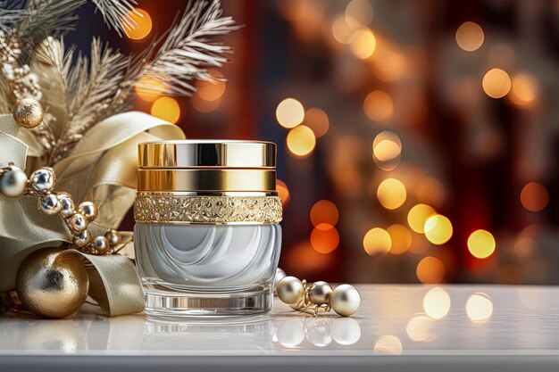 Luxury Christmas cosmetic cream mock up without label Christmas accessories on bokeh background