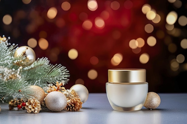 Luxury Christmas cosmetic cream mock up without label Christmas accessories on bokeh background