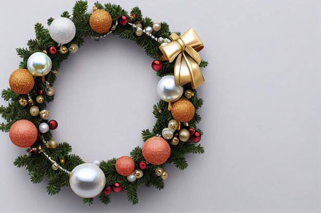 Luxury Christmas wreath with red golden pearl christmas toys ribbons stars pine isolated on white background