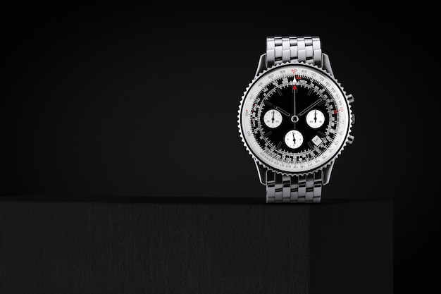 Luxury Classic Analog Men's Wrist Silver Watch over Cube on a black background. 3d Rendering