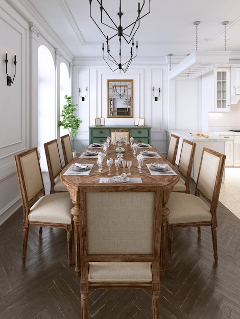 Luxury classic interior of dining room, kitchen and living room with white and brown furniture and metal chandeliers. 3d rendering