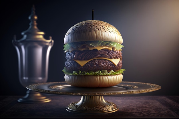 Luxury classic proportion burger on golden plate with cinematic lighting Generative AI illustration