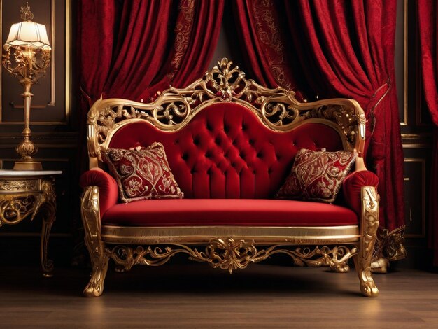 luxury classic red sofa velvet decorate with gold with clipping path