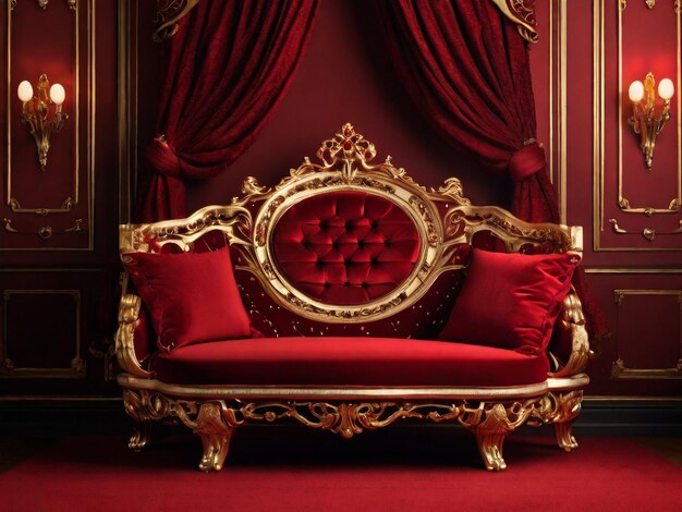 luxury classic red sofa velvet decorate with gold with clipping path