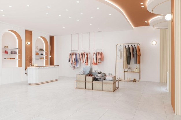 Luxury clothing store interior with clothes shoes and personal\
accessories