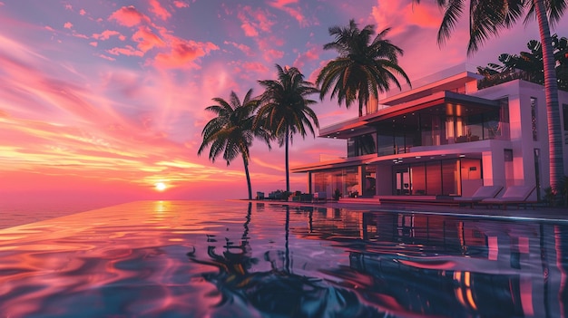 Luxury Coastal Mansion Palm Trees Infinity Pool Sunset Image