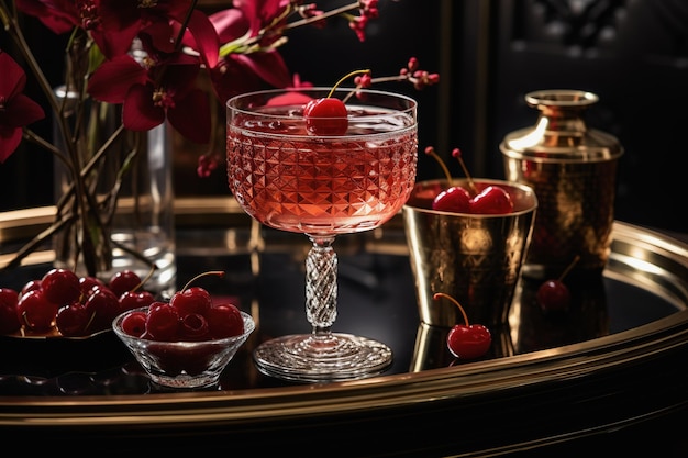 Luxury cocktail drink with cherries on elegant tray