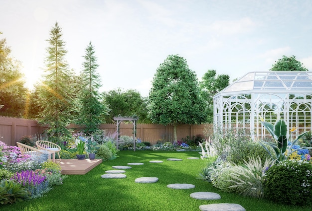 luxury colorful backyard garden with glasshouse 3d render