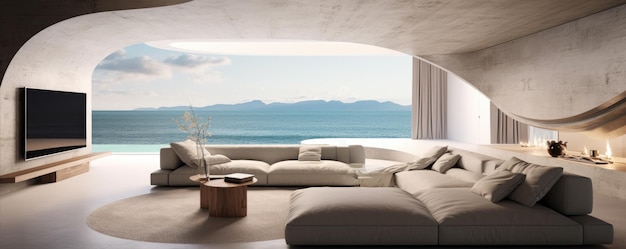 Luxury concrete light space room or livingroom design Beautiful view on ocean and mountines banner