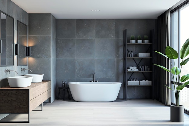 luxury concrete and wooden bathroom interior with various objects 3d rendering